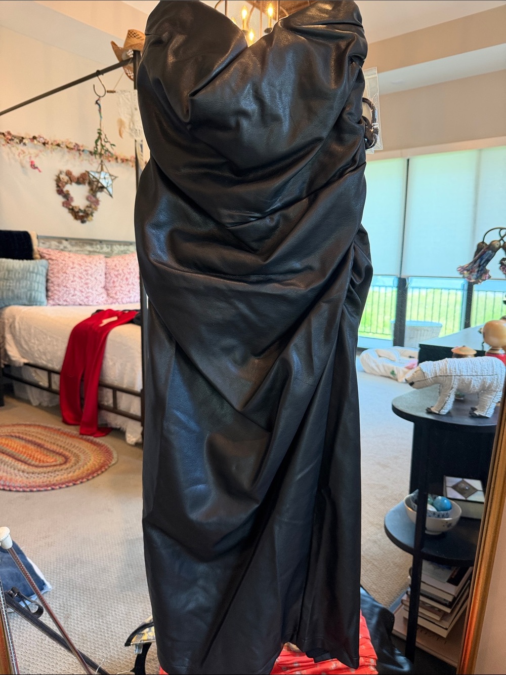 Anthropologie Black Strapless Faux Leather Draped Dress